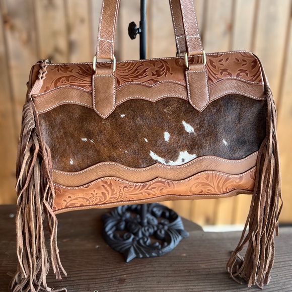 NEW Western Genuine Embossed Leather Cowhide Fringe Tassel Tan fall winter gift - Picture 6 of 13